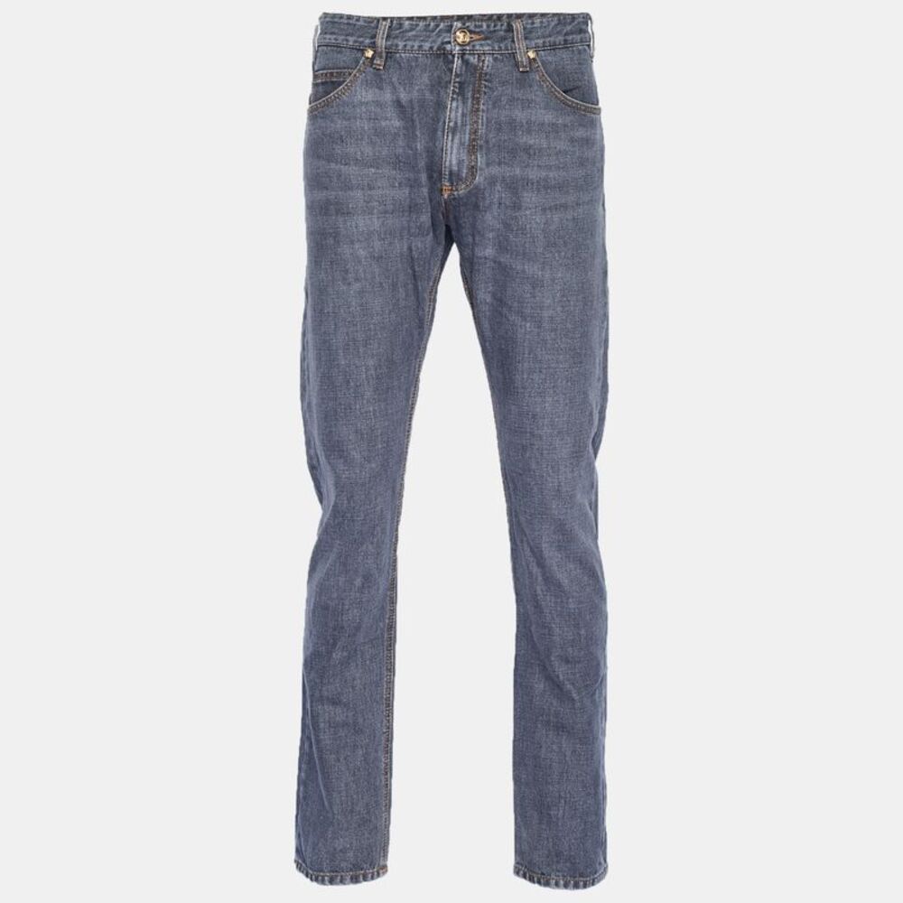 Versace Grey Leather Medusa Trim Denim Jeans Xl/waist 36"